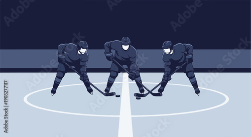 Dynamic ice hockey players in action on a frozen rink, competing for the puck with sticks in a thrilling winter sports game. Flat vector illustration.