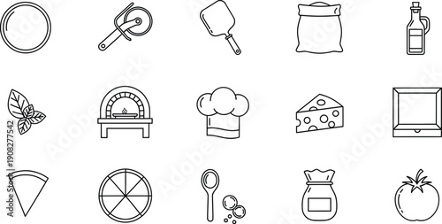 A collection of stylized line art icons representing various ingredients and tools used in pizza making