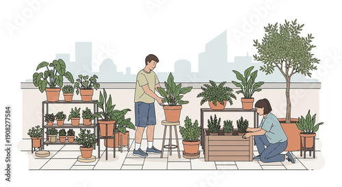 Urban Rooftop Garden: Couple Tending Plants with City Skyline