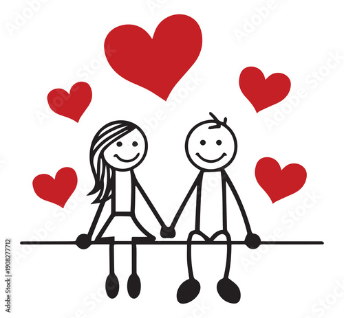 Simple Romantic Couple Sitting with Hearts Illustration Vector
