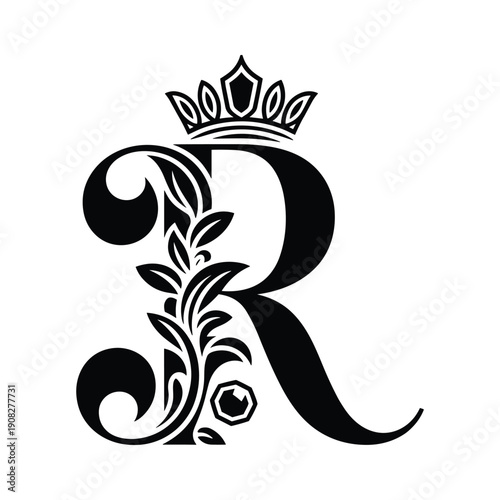 Elegant black letter R adorned with a regal crown and decorative floral flourishes isolated on a white background