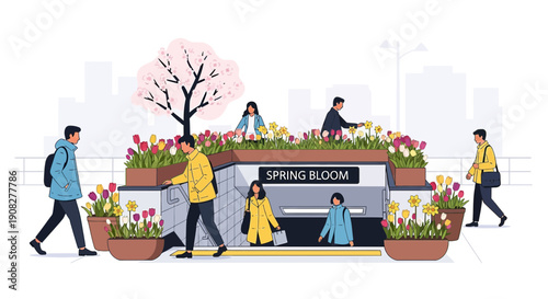 Urban Spring Bloom: People Enjoying Flowers at Subway Entrance