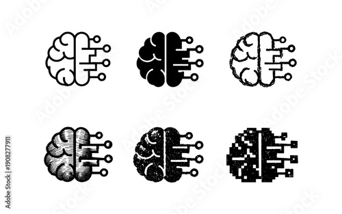 Collection of stylized brain icons representing artificial intelligence and neural networks
