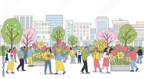 Urban Springtime Flower Garden with People Walking in a City Park