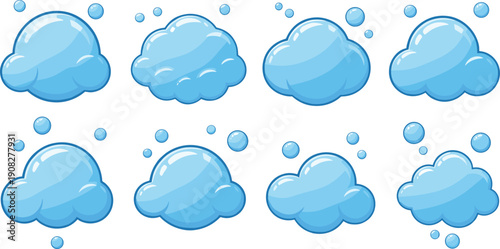 Set of Cute Blue Glossy Cloud Icons with Bubbles and Sparkles in Cartoon Style for Weather Apps, Games, and Web Design Elements