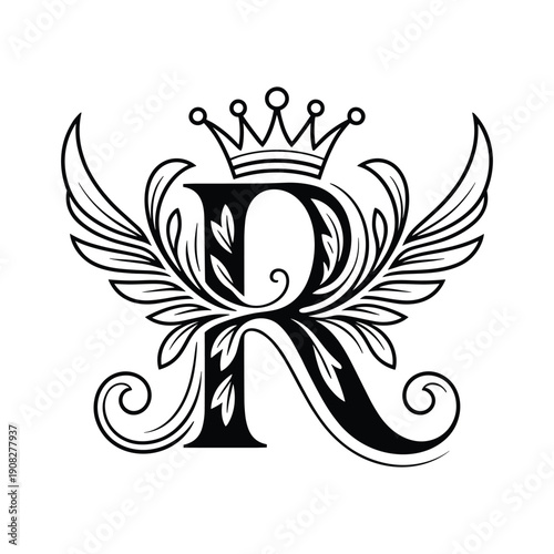 Elegant ornate capital letter R monogram emblem with regal crown and decorative wings isolated on transparent background