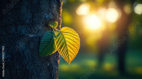 Close up of leaves with sunlight on blur background.
