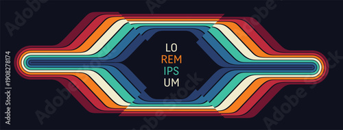 Frame. Space for text. Geometric art. Retro background from the 60s, 70s, or 80s. A pattern of colorful stripes cut in the middle. Abstract, dynamic ribbons. Vector for card, invitation, coupon, etc.