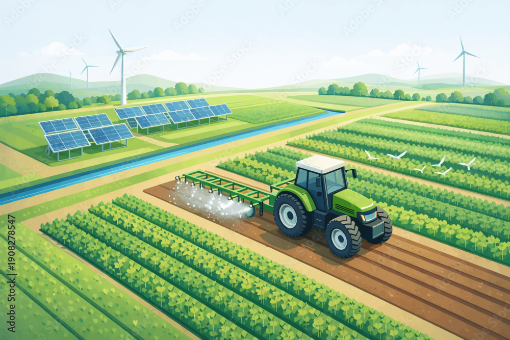 Obraz premium Green tractor cultivating vast agricultural fields, symbolizing modern farming practices with integrated solar panels and wind turbines for sustainable energy solutions