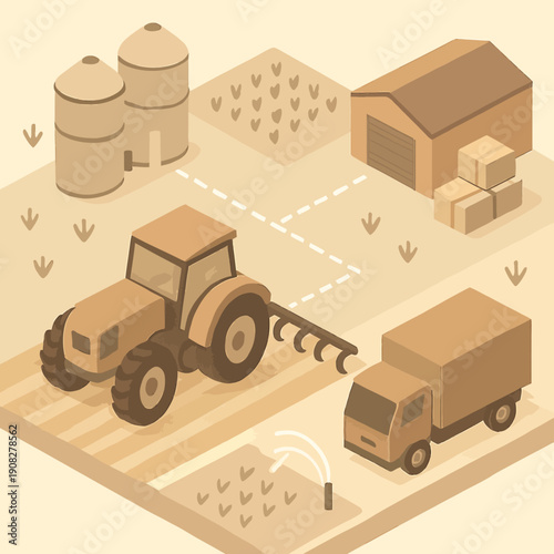 Isometric View of Modern Agricultural Logistics and Farming Process for Sustainable Crop Production and Supply Chain Efficiency
