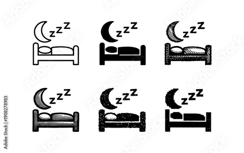 Collection of sleep icons featuring beds, moons, and zzz symbols in various styles