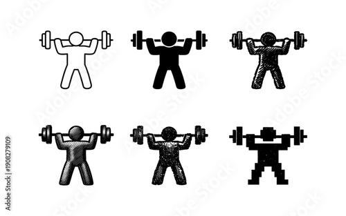 Collection of stylized weightlifters performing overhead presses in various artistic styles
