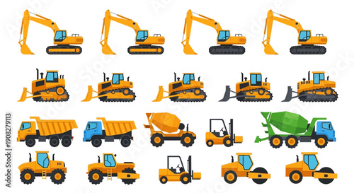 Construction Heavy Machinery Vector Icons Set Isolated on White