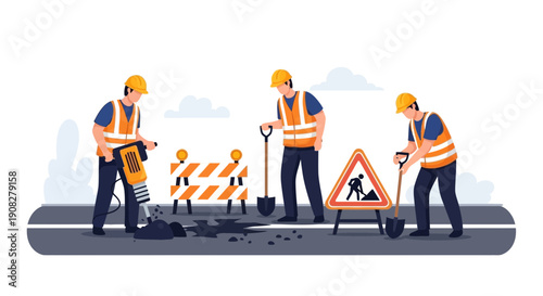 Road Construction Crew Working on Pavement Repair Illustration