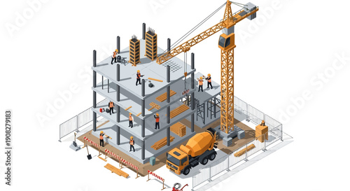 Isometric Construction Site with Crane and Workers on White Background