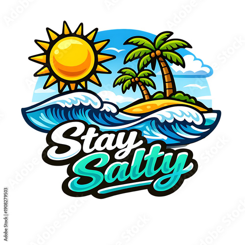 Wallpaper Mural Retro cartoon sun shining over ocean waves with palm trees and 'Stay Salty' text, representing beach vacation and summer fun, isolated on transparent background Torontodigital.ca