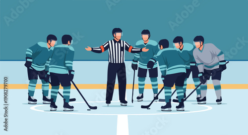Ice hockey referee mediating a dispute between two opposing teams on the rink during a game.