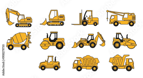 Construction Heavy Machinery Vehicle Icons Set