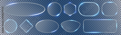 Holographic glass panel with glowing blue outline. Futuristic interface frame for tech dashboards. Clean transparent vector style with sci-fi mood.