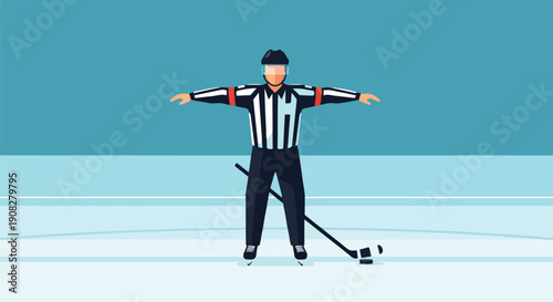 Ice hockey referee in uniform signaling a penalty on the ice with a stick and puck nearby