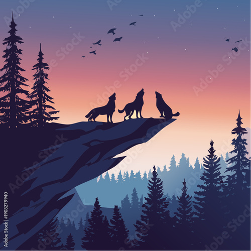 Wolves howling at sunset on a cliff overlooking a pine forest landscape