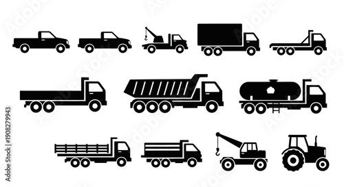 Transportation and Utility Vehicles Icon Set Black Silhouettes