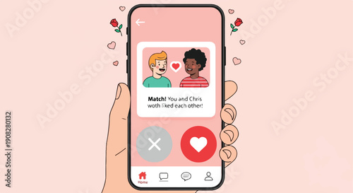 Successful Match on Dating App Hand holding smartphone shows two men connecting online, symbolizing modern digital romance and love