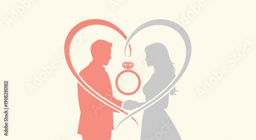 Stylized Silhouette Illustration of a Loving Couple within Intertwined Heart Shapes, Symbolizing Union and Romance for Valentine's Day or Wedding Concepts