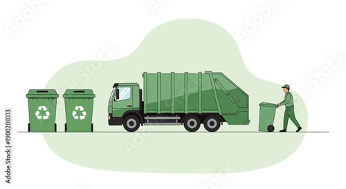 Sanitation Worker Pushing Recycling Bin Towards Garbage Truck Vector