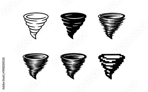 Collection of six different tornado icons in various artistic styles, black and white