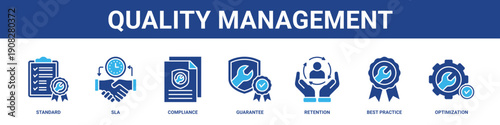 Quality Management web banner icon set collection solid style.
