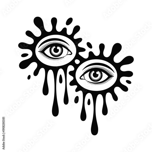 Symbolic illustration of two wide open eyes surrounded by dripping ink splatters and fluid shapes