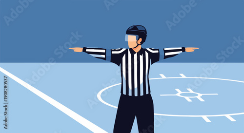 Ice hockey referee signaling a penalty with arms outstretched, wearing a striped shirt and helmet on the rink.