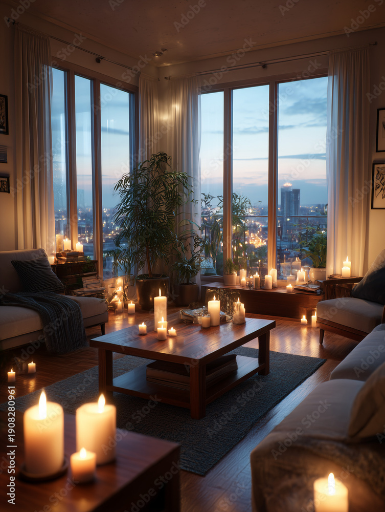 Fototapeta premium Cozy apartment living room creating warm atmosphere with burning candles