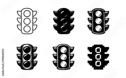 Collection of diverse traffic light icons in various artistic styles and formats