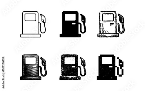 Collection of gas pump icons in various artistic styles and textures for design
