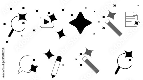 Generative AI logo icon set. Artificial intelligence icons. featuring search, edit, chat, photo, magic, sparkle, stars, prompt, finance, tools, and money management. editable stroke lines