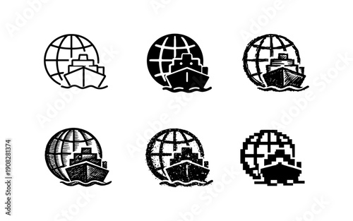 Set of global shipping and logistics icons featuring ships and the Earth