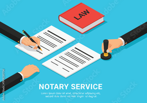 Notary service concept with legal documents signing stamp and law book illustration