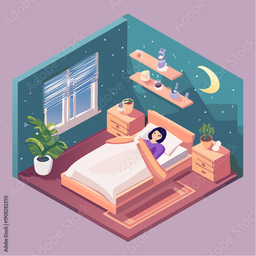 Woman sleeping peacefully in a cozy bedroom at night, under a starry sky