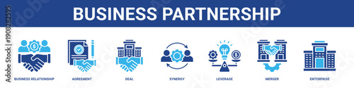 Business Partnership web banner icon set collection solid style.