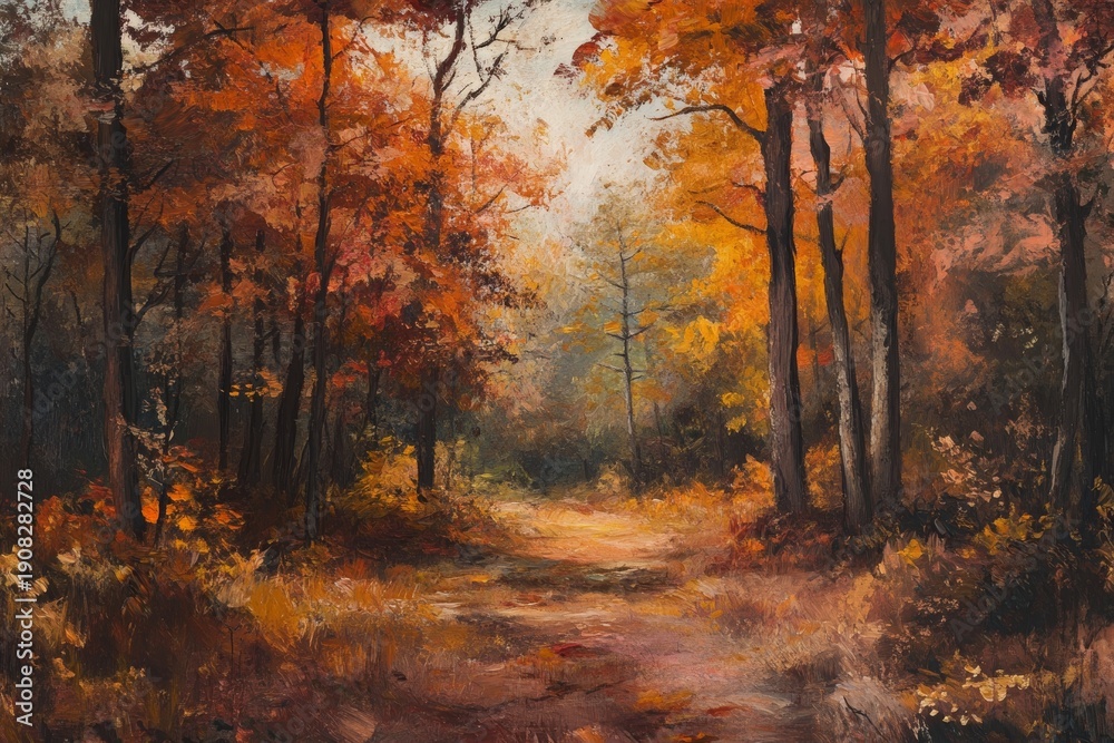 Obraz premium Autumnal forest landscape, magical atmosphere of fall blending realism.