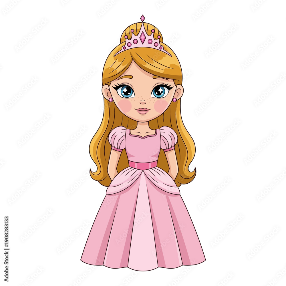 Fototapeta premium Cute Cartoon Princess with Tiara and Pink Dress