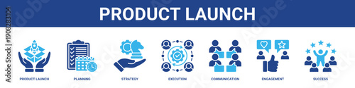 Product Launch web banner icon set collection solid style.