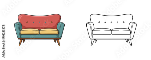 Mid-century modern sofa in cartoon and line art styles featuring red backrest with blue armrests and yellow cushions for interior design concepts and coloring activity