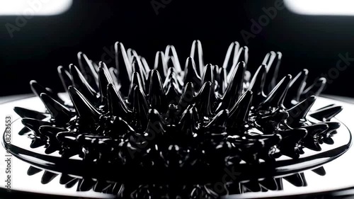 Macro Ferrofluid Forming Dynamic Magnetic Spikes with Glossy Black Surface and High Contrast Studio Reflections