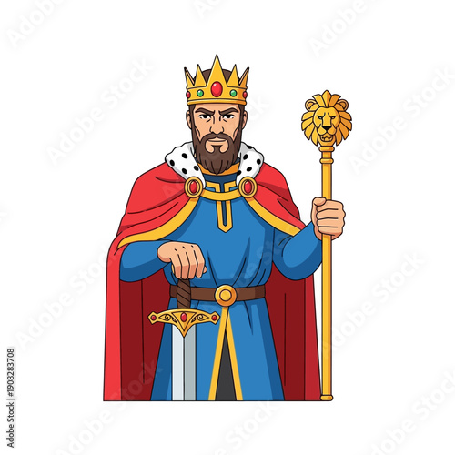 Cartoon King Holding Sword and Lion Scepter, Royal Ruler Character Illustration