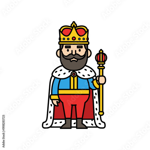 Cartoon King with Crown, Scepter, and Royal Robe - Vector Illustration