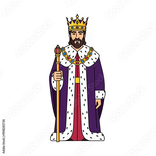Cartoon King with Crown and Scepter, Royal Purple Robe, Isolated on White