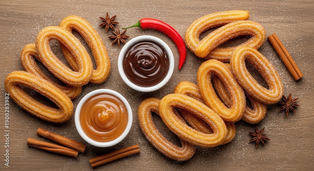 Fototapeta premium Fried dough pastries dusted with sugar are presented with dipping sauces and aromatic spices